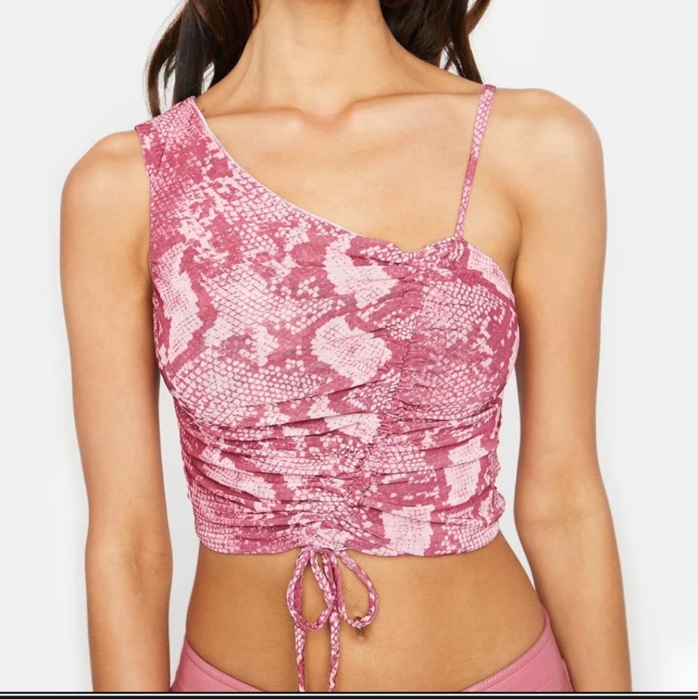 BY.DYLN Pink Snake Print One-Shoulder Ruched Crop Top Size M Revolve NWT